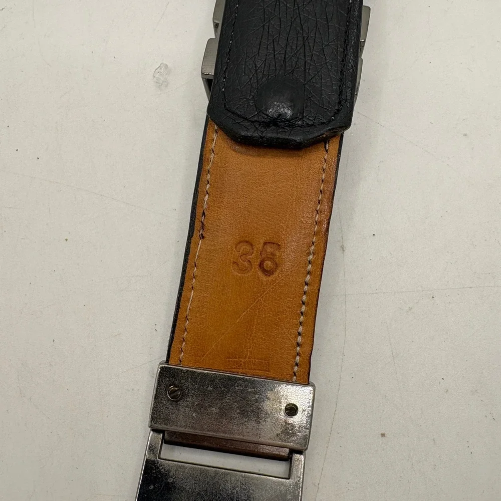 Vintage Lion Head Medusa Greek Key Black Ostrich‎ Leather Belt Size 38 Mens